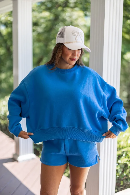 Casually Extra Blue Knit Sweatshirt Hoodie with Pocket Utility Practical