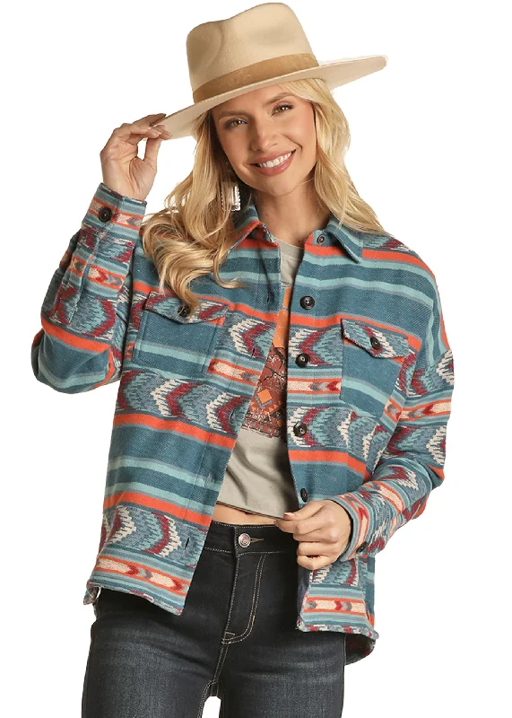 Rock & Roll Cowgirl Women's Boxy Fit Shirt Jacket Blue Cotton Fabric Linen Fabric Terry Fabric