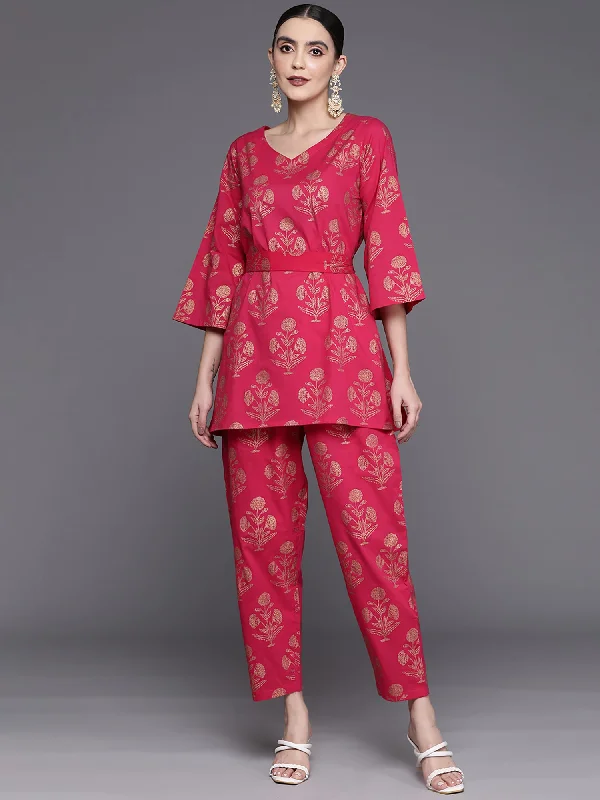 Women Pink Printed A-Line Kurta With  Trousers Set Trousers Solid Black