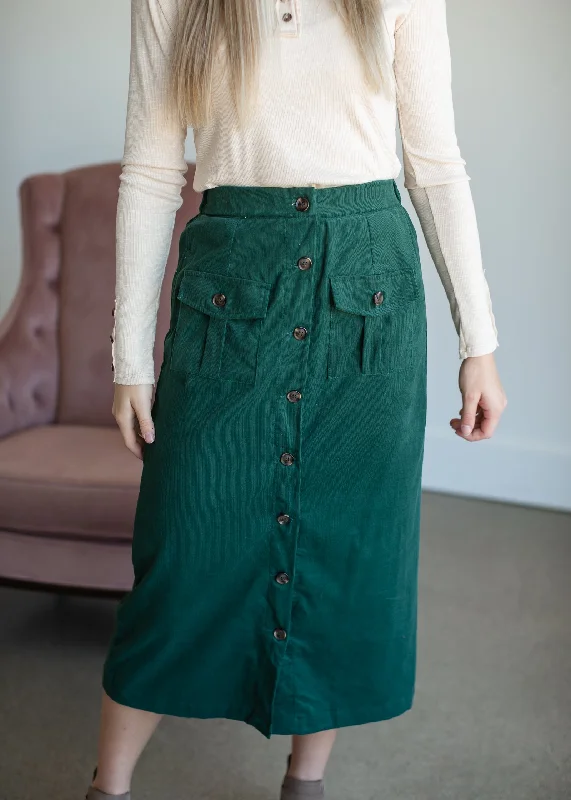 Green Corduroy Patch Pocket Button Detail Skirt - FINAL SALE velvet skirt luxury