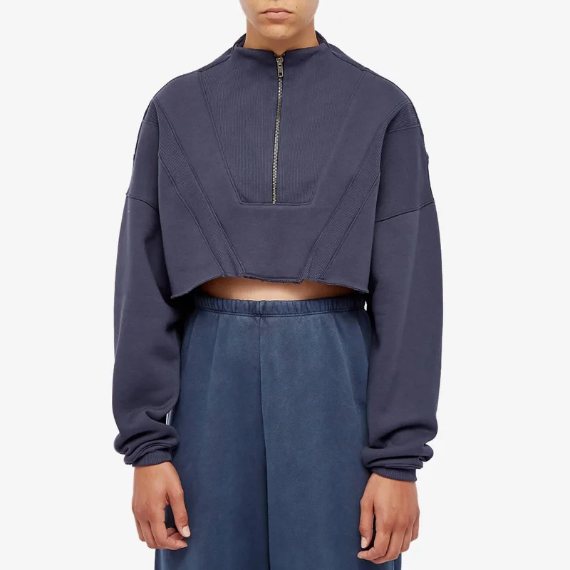 JOAH BROWN Half Zip Crop Pullover | Washed Navy One Shoulder Top