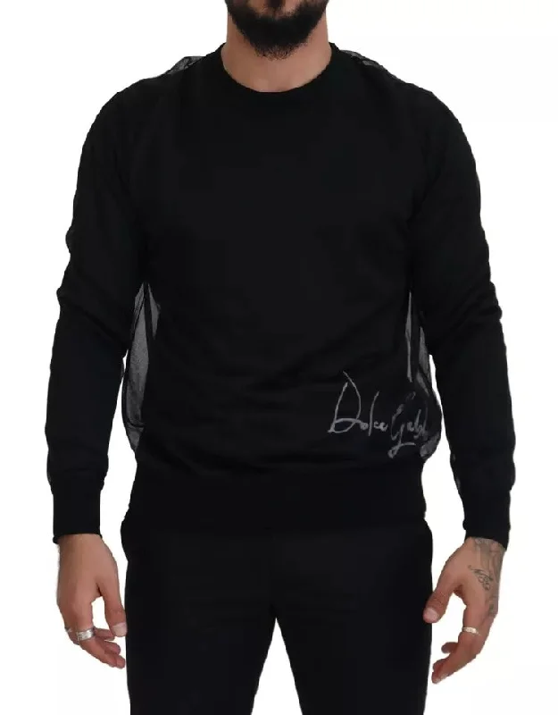 Black Polyester Crewneck Men Pullover Sweater Ribbed Crew Neck