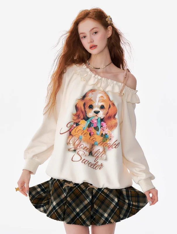 Loose Lazy Style Dog Print Off-shoulder Sweatshirt ZIZ0176 Hoodie Crop Top Short Trendy