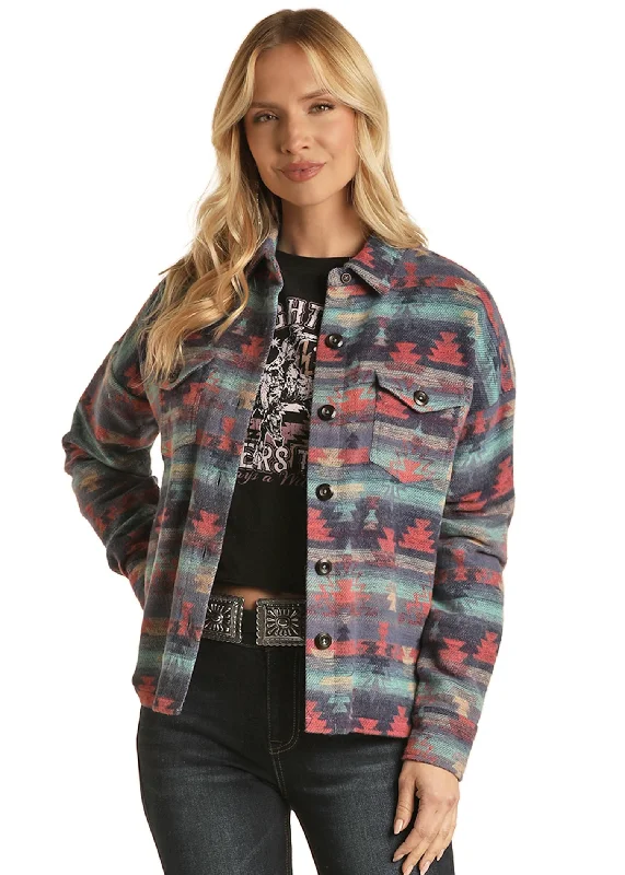 Rock & Roll Cowgirl Women's Boxy Fit Shirt Jacket Indigo Nylon Fabric Polyester Fabric Spandex Fabric