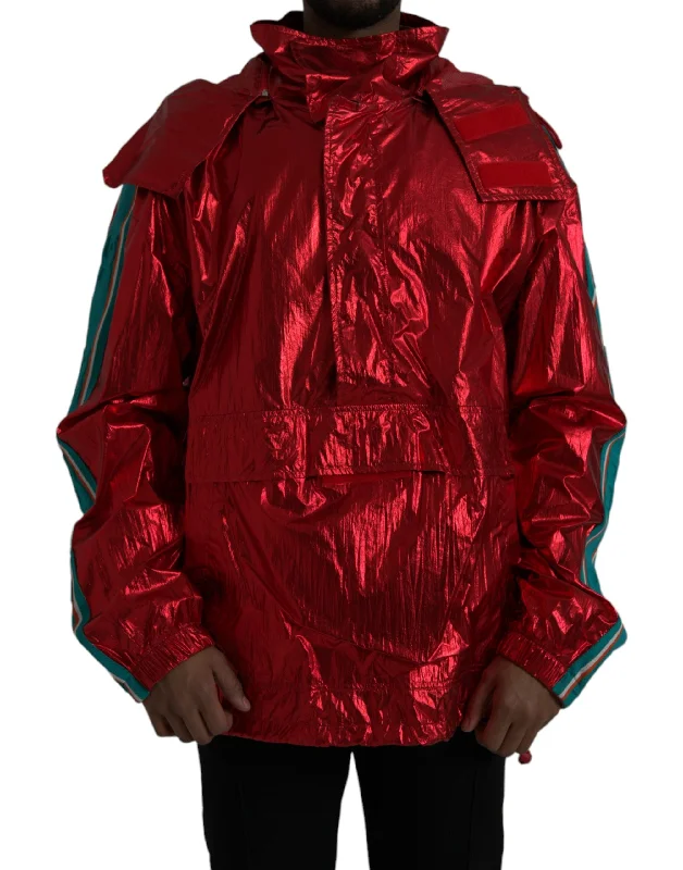 Red Nylon Hooded Pullover Sweatshirt Jacket Seamless Knit Pullover