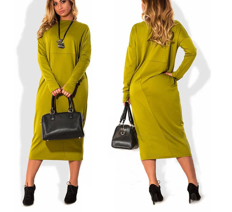 fashionable plus size casual women dress autumn winter solid Knee-Length Dresses big sizes women Long sleeve loose dress
