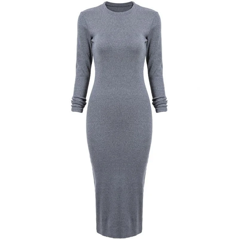 Sheinside Korean Casual Style Female Dresses Plain High Street Fashionable Long Sleeve Round Neck Dress