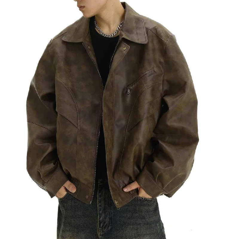 Brown American Vintage Lapel Leather Jacket A-Line Jacket Boat Neck Shawl Collar