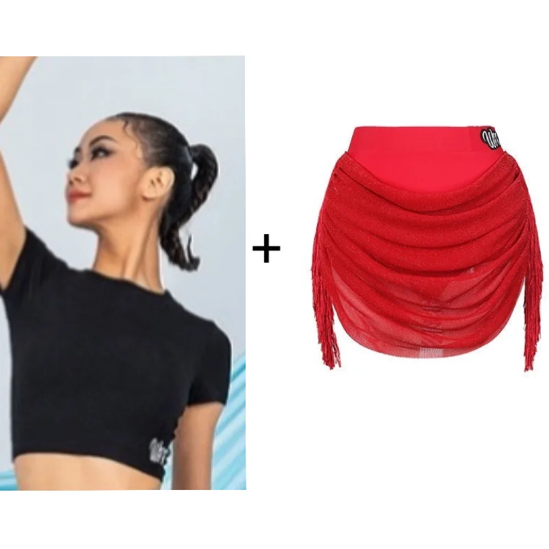 black top/red skirt