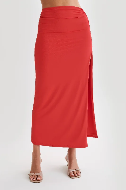 Emma Recycled Nylon Maxi Skirt - Red silk skirt luxurious