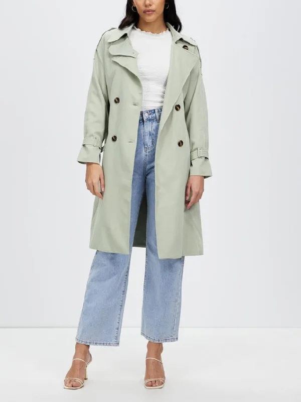 Women's Double Breasted Trench Coat Long Trench Coat Slim Fitting Jacket with Belt | Velvet Coat-Light cyan Wool Jacket Cashmere Jacket Tweed Jacket