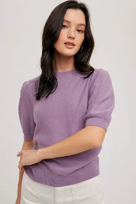 Women's/Junior Puff Sleeve Knit Mockneck Pullover Sweater - Lavender Alpaca Blend Soft