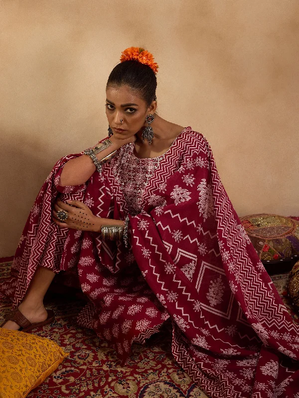 Women Maroon Printed Straight Kurta Trousers With Dupatta Set Trousers fashionable chic