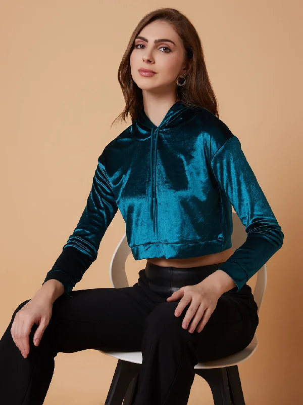 Women Solid Teal Drop Shoulder Crop Pullover-AE-10662-Teal Flutter Sleeve Feminine