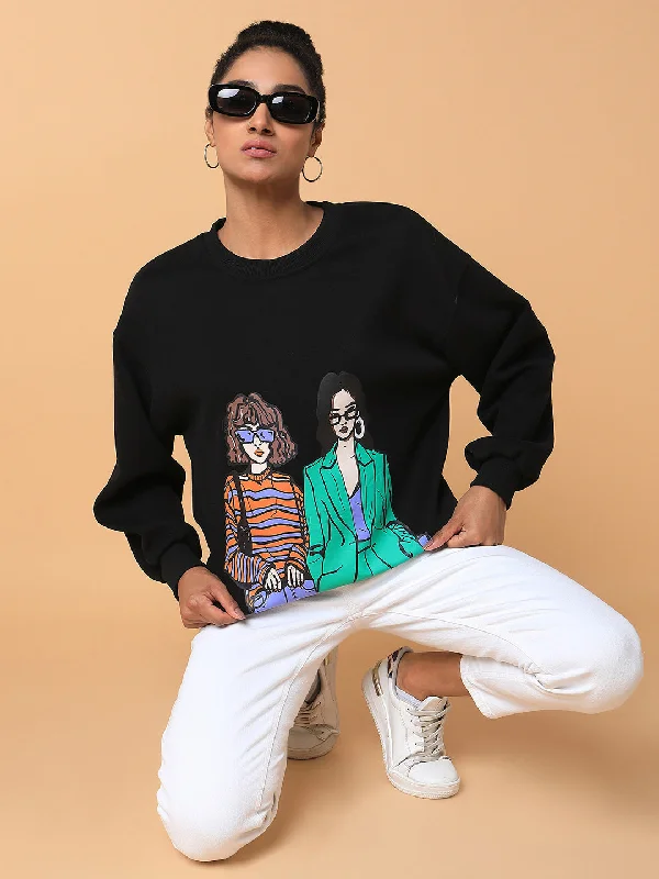 Women Graphic Black Oversized Pullover-6312-Black Plunging Neck Pullover