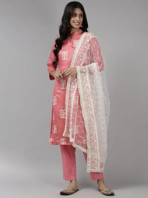 Women Pink Embroidered Straight Kurta Trouser With Dupatta Set Trousers Plaid Checkered