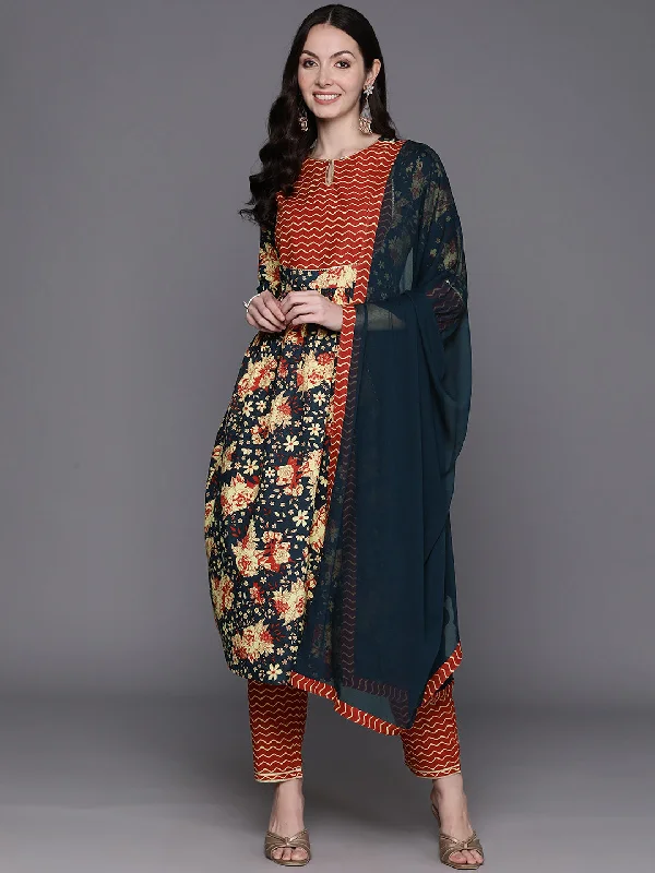 Women Blue Printed A-Line Kurta Trousers With Dupatta Set Trousers Floral Bohemian