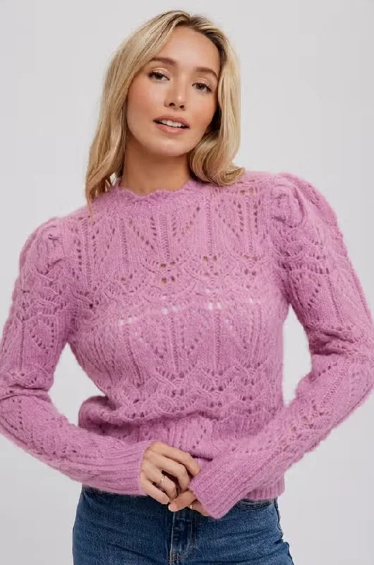 Women's/Junior Pointelle Knit Scalloped Neckline Pullover Sweater - Orchid Pink Thin Wool Pullover