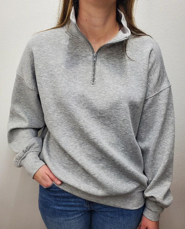 SCUBA 1/4 ZIP PULLOVER - HEATHER GREY Puff Sleeve Stylish