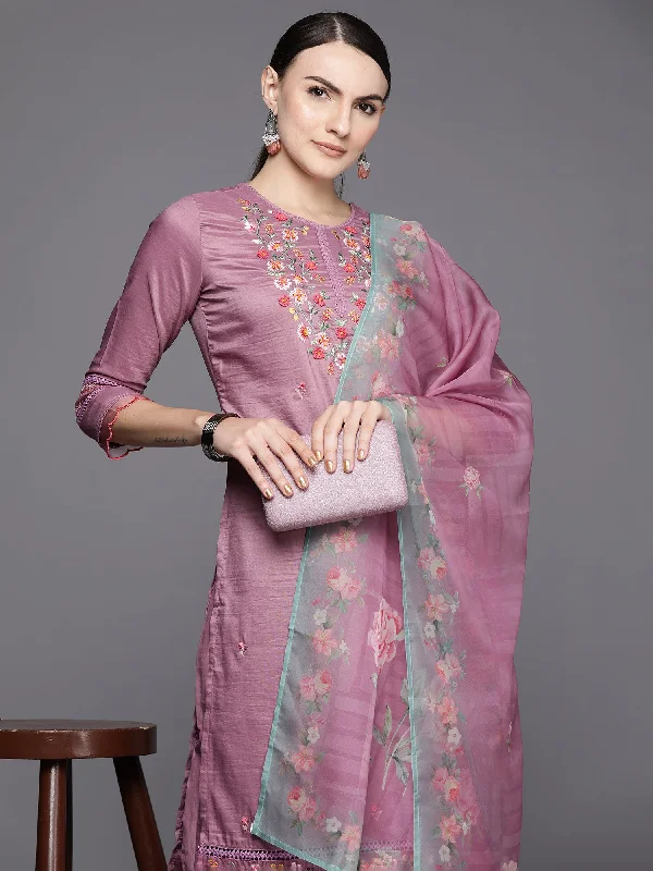 Women Mauve Embroidered Straight Kurta Trousers With Dupatta Set Trousers Leather Faux