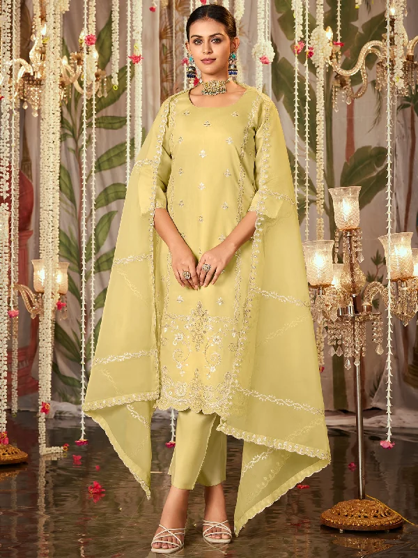 Women Yellow Straight Embroidered Kurta Trousers With Dupatta Set Trousers cozy comfortable