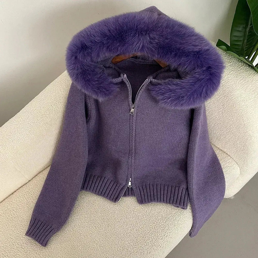 FZ Women's Hooded Real Fox Fur Collar Natural Short Knitted Jacket Knit Jacket Woven Jacket Fleece Jacket