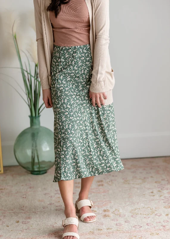 Green Ditsy Floral Simple Midi Skirt lace skirt intricate