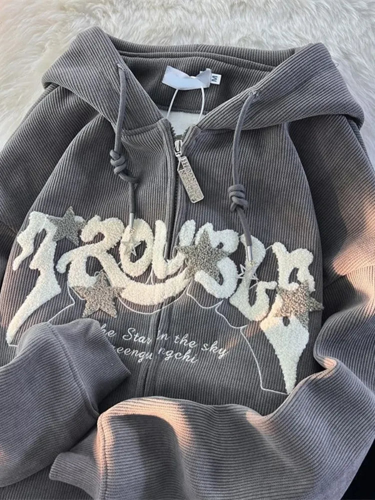 Embroidered Zipper Cardigan Women's Clothing Autumn and Winter Retro Hoodie Plush Thick Sweatshirt Loose Drape Lazy Top Women Hoodie with Side Slits Relaxed Casual