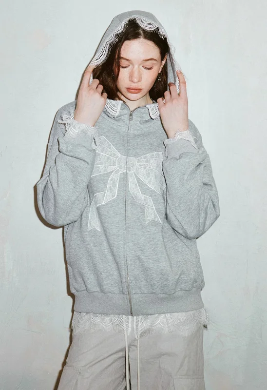 Lace Bow Gray Loose Casual Sweatshirt Hoodie DID0129 Hoodie with Turtle Neck Cozy Winter