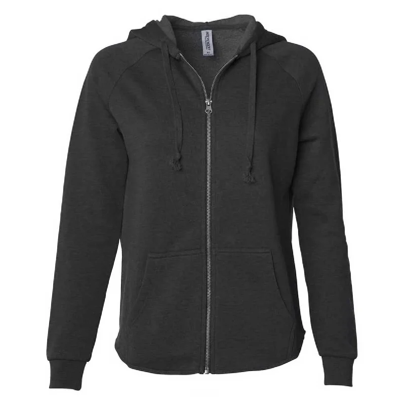 Independent Trading Co. Women's Black California Wave Wash Full-Zip Hooded Sweatshirt Hoodie with Slit Hem Functional Movement