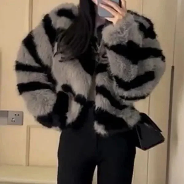FZ Women's Zebra Pattern Faux Fur Short Classic Plush Jacket Hooded Jacket Caped Jacket Shawl Collar Jacket