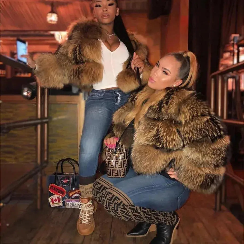 FZ Women's Luxury Thick Real Natural Fox Fur Jacket -1 Print Jacket Jacquard Jacket Patchwork Jacket