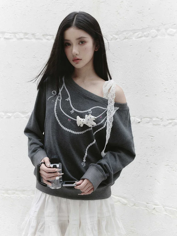 Necklace Design Oblique Shoulder Strap Gray Sweatshirt FRA0230 Hoodie with Relaxed Fit Easy Casual