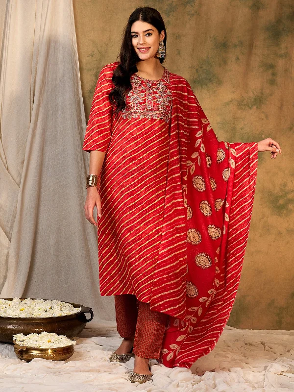 Women Red Printed Straight Kurta Trousers With Dupatta Set Trousers Elastic Waist Soft
