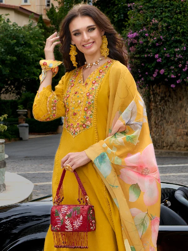 Women Mustard Embroidered A-Line Kurta Trousers With Dupatta Set Trousers luxurious premium