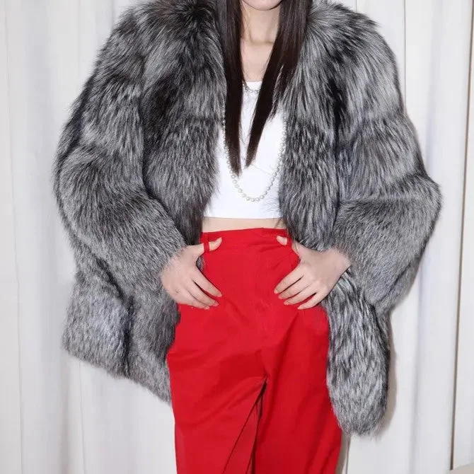 FZ Women's  Silver Fox Fur Mid Length Thickening Jacket Zippered Jacket Buttoned Jacket Snapped Jacket