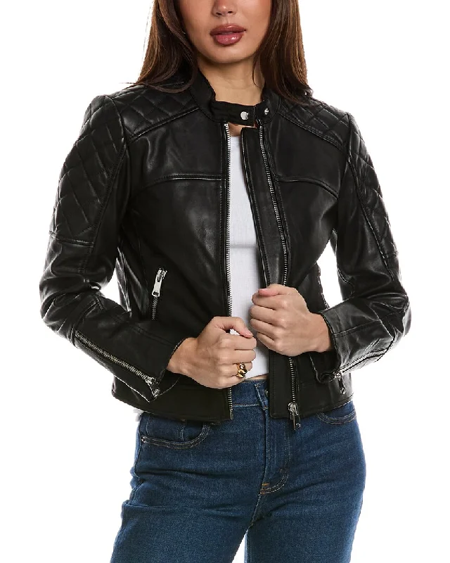 Reiss Adelaide Collarless Leather Biker Jacket A-Line Jacket Boat Neck Shawl Collar