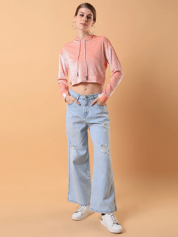 Women Solid Peach Drop Shoulder Crop Pullover-AE-10663-Peach Notched Neck Pullover