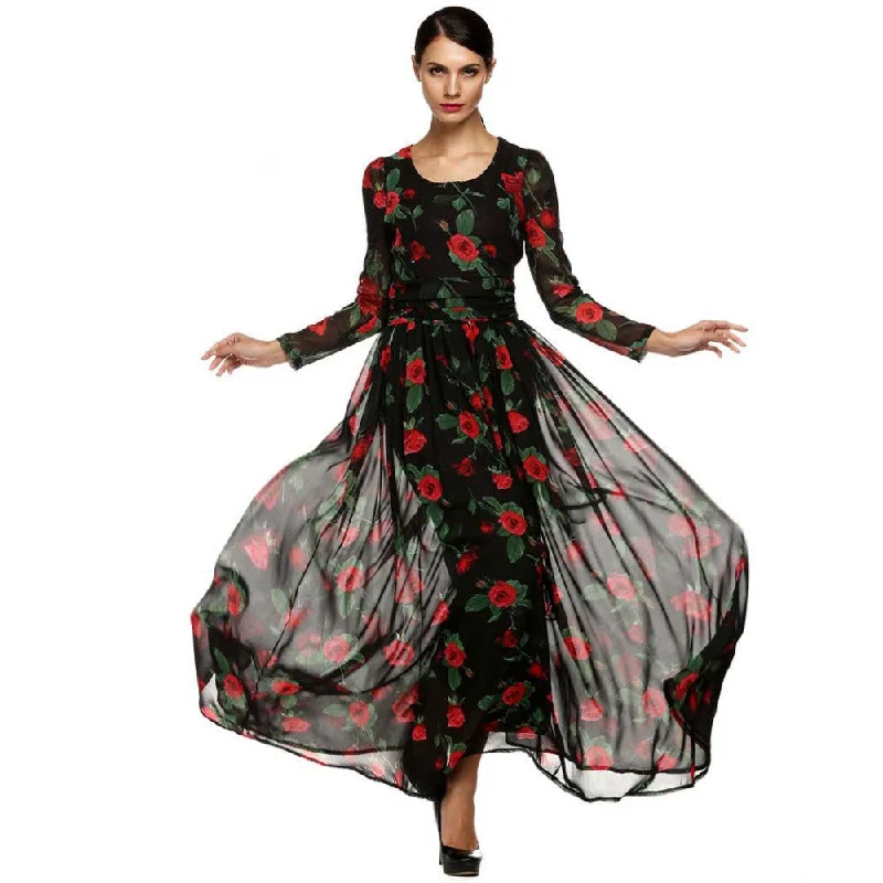 Dress Fashion Women Ladies Tunic Maxi Long Chiffon Dress Long Sleeve Floral Rose Dress Plus Size