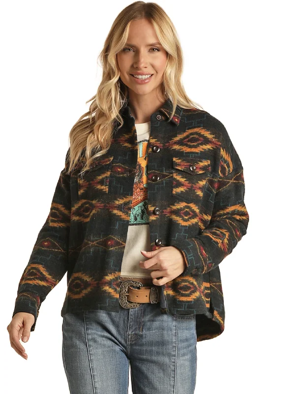 Rock & Roll Cowgirl Women's Boxy Fit Shirt Jacket Black Belted Jacket Elasticated Jacket Padded Jacket