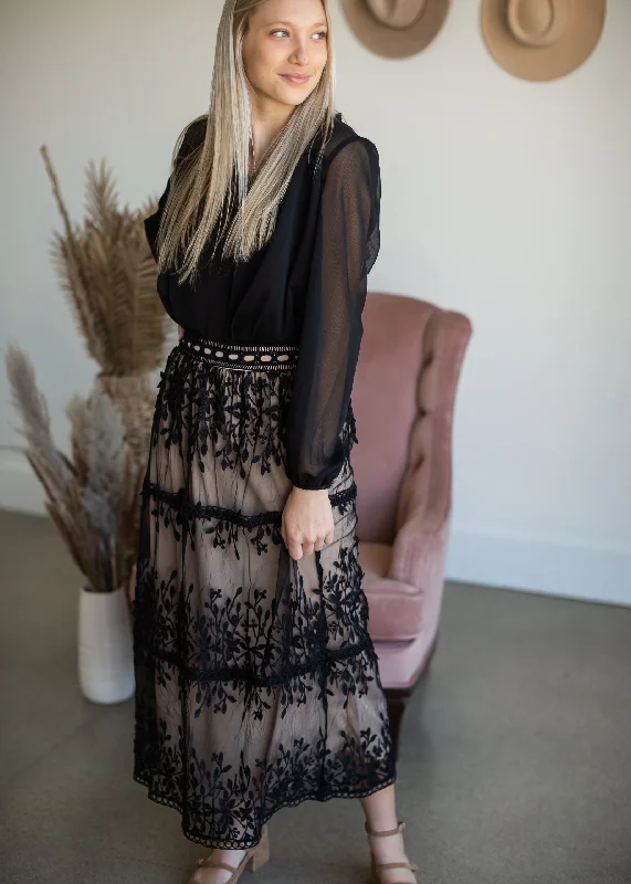 Black Embroidered Lace Overlay Tiered Midi Skirt - Final Sale mini skirt trendy