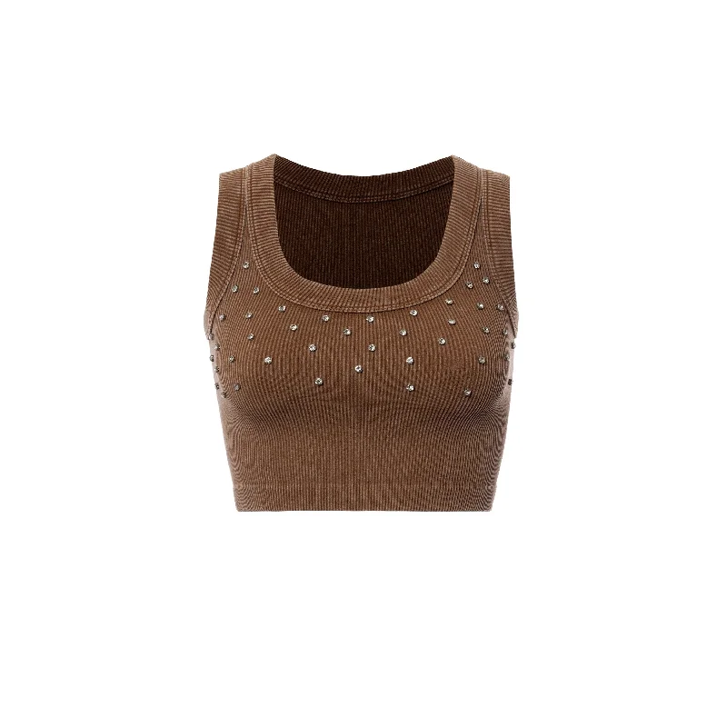 Tabacco Ribbed Washed Stone Wide Bias Crop Tank bronze tank top