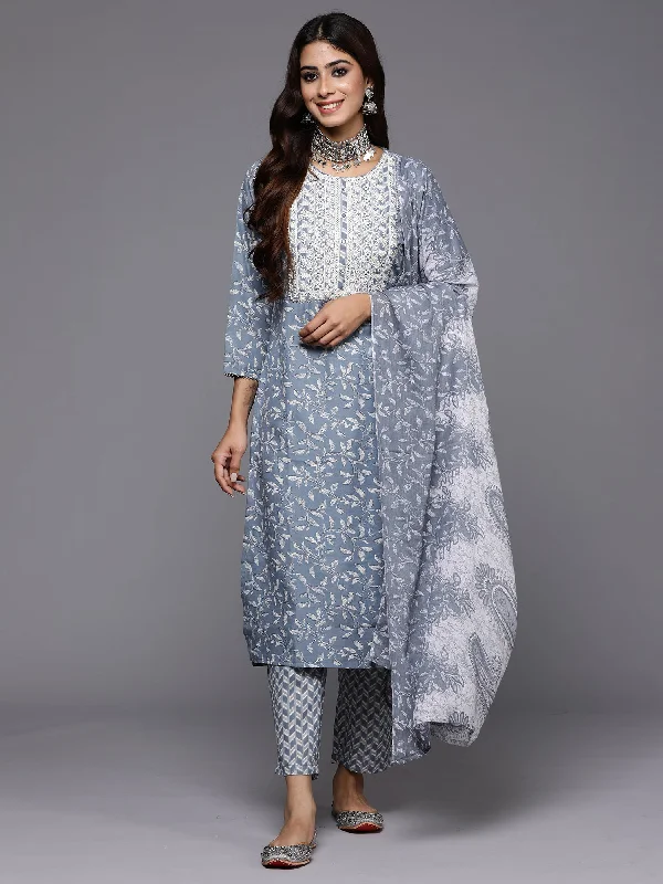 Women Grey Embroidered Straight Kurta Trousers With Dupatta Set Trousers Pleated Formal
