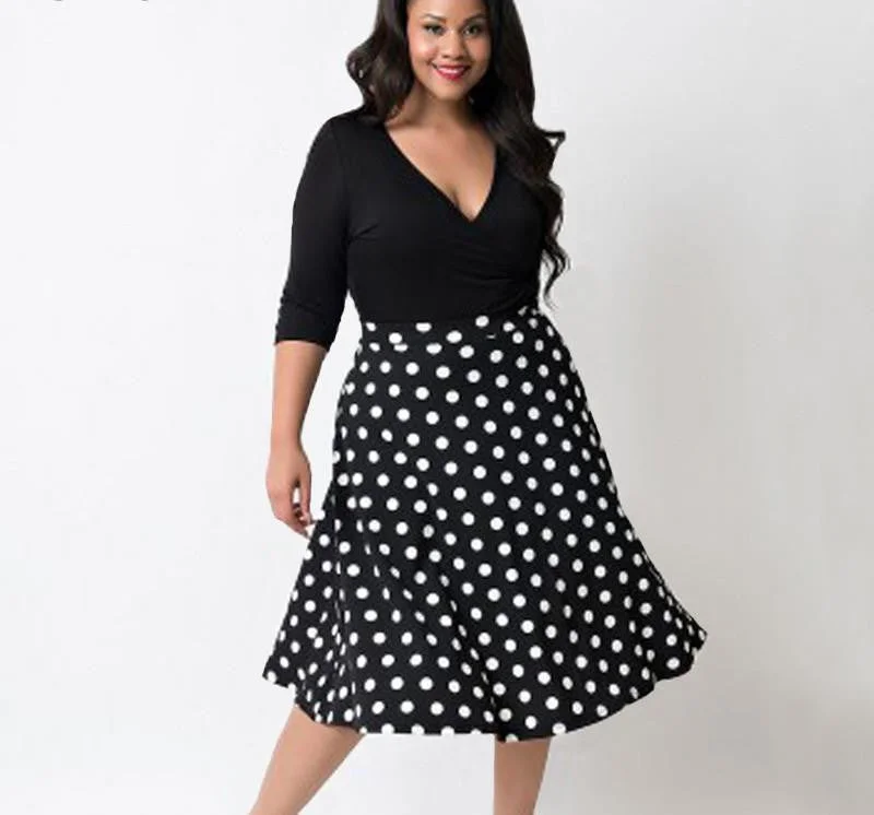 Tonval 5XL Women Vintage Polka Dot Dress Autumn Plus Size 4XL Clothing Deep V Neck Black Vestidos Casual Swing Dresses