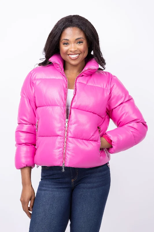 L'Agence Larsen Puffer Jacket In Deep Pink Notch Collar Jacket Peter Pan Collar Jacket Cowl Neck Jacket
