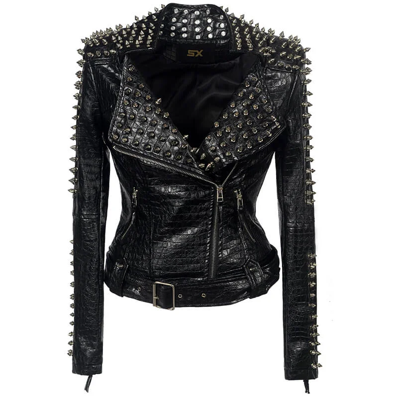 Studded Spliced Short Biker Leather Jacket Nylon Fabric Polyester Fabric Spandex Fabric