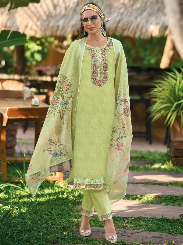 Women Green Embroidered Straight Kurta Trousers With Dupatta Set Trousers Cargo pockets