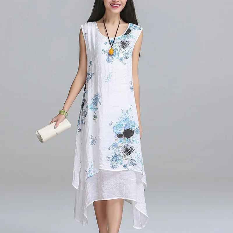Summer dress Fashion sleeveless women dress casual cotton Linen dress Printed o-neck