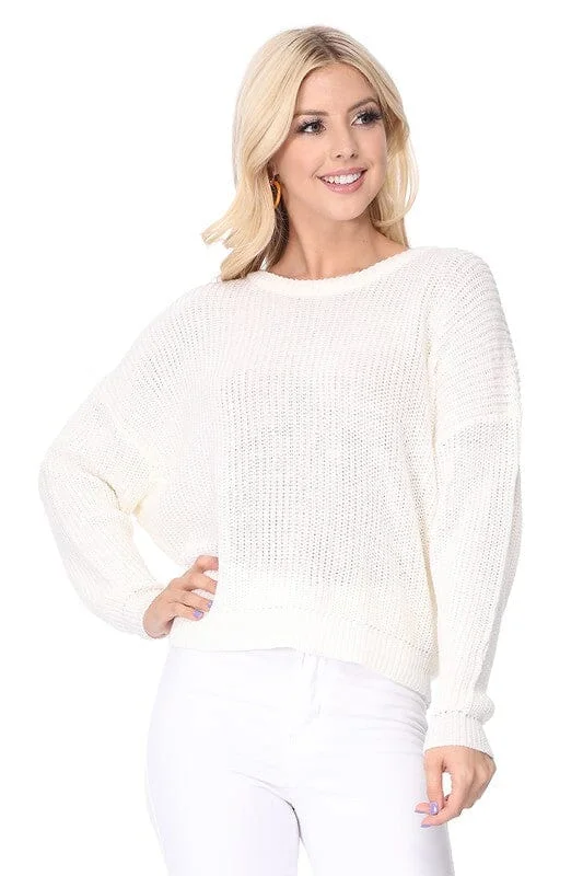 Waffle Stitch Bat Wing Bow Back Pullover  Sweater Fitted Ribbed Sweater