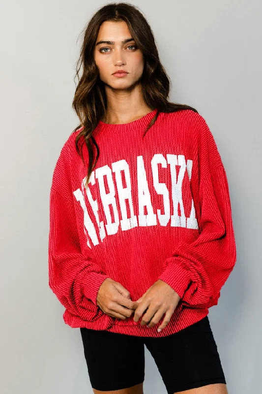 Nebraska Comfy Oversized Ribbed Graphic Knit Sweatshirt T1770N Hoodie with Stripes Bold Sporty